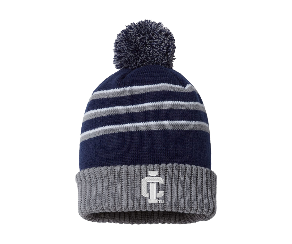 Ithaca College Beanie - Navy and Grey Striped with Pom-Pom