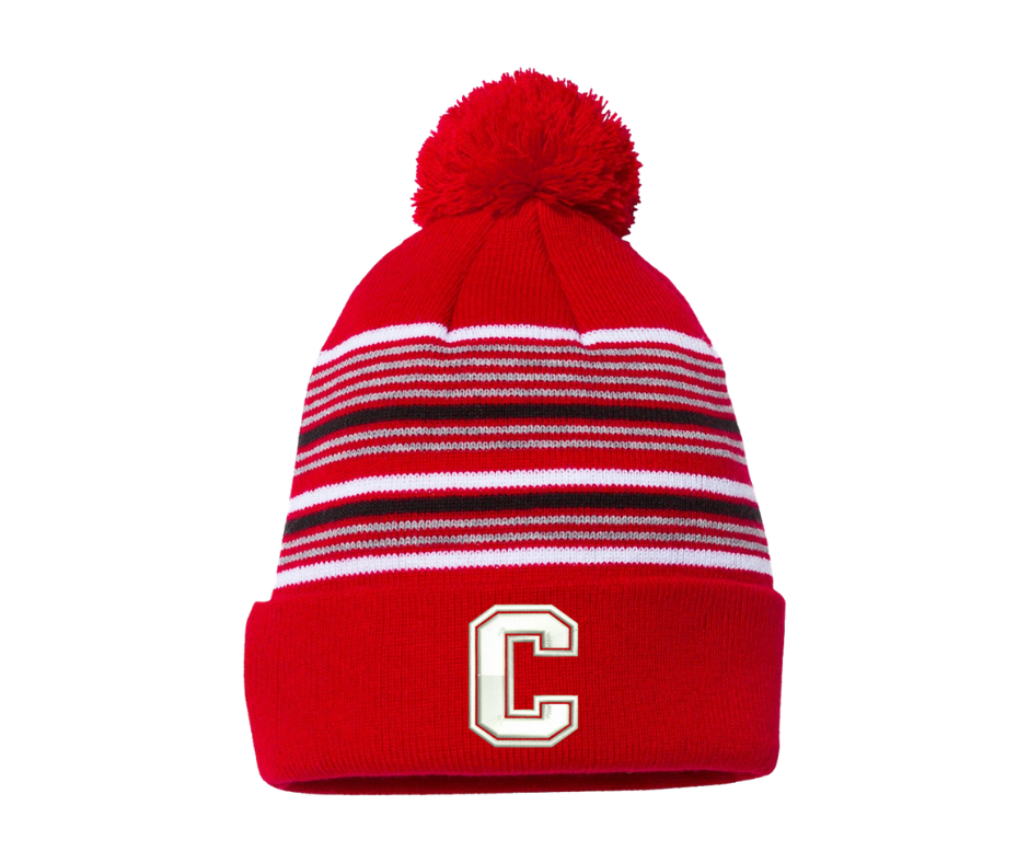 Cornell Beanie - Red and White Striped with Pom-Pom